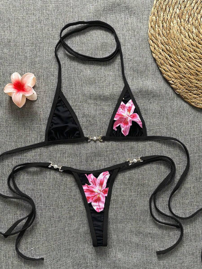 Swim Vcay Swim SXY 2pcs Women's New Floral Print Spaghetti Strap Backless Micro Triangle Top And Thong Sexy Bikini Set Set