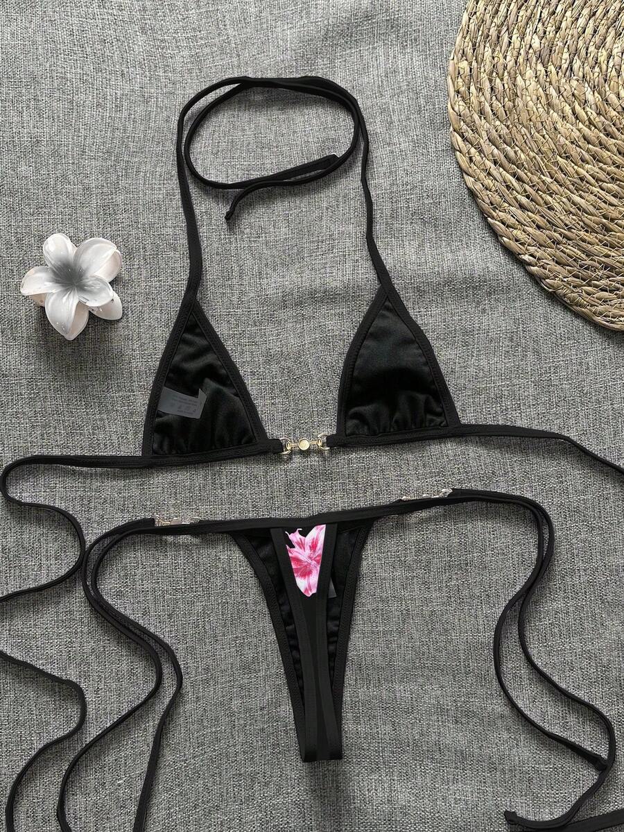 Swim Vcay Swim SXY 2pcs Women's New Floral Print Spaghetti Strap Backless Micro Triangle Top And Thong Sexy Bikini Set Set