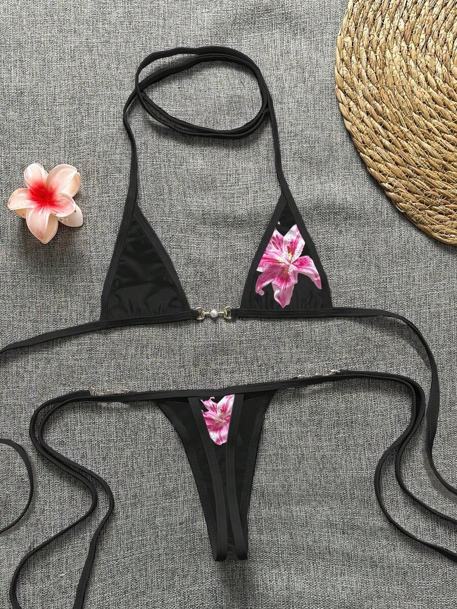 Swim Vcay Swim SXY 2pcs Women's New Floral Print Spaghetti Strap Backless Micro Triangle Top And Thong Sexy Bikini Set Set