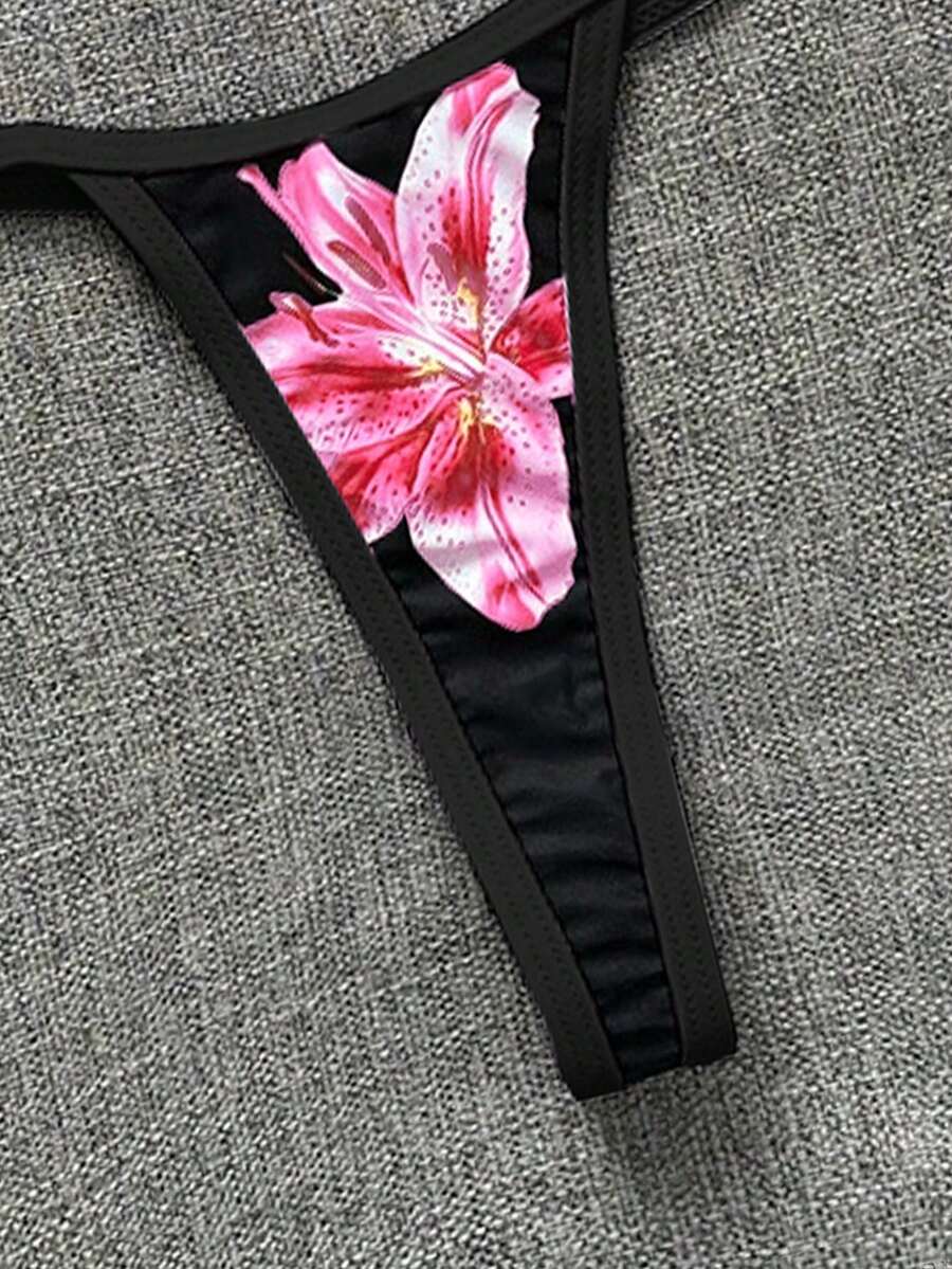 Swim Vcay Swim SXY 2pcs Women's New Floral Print Spaghetti Strap Backless Micro Triangle Top And Thong Sexy Bikini Set Set