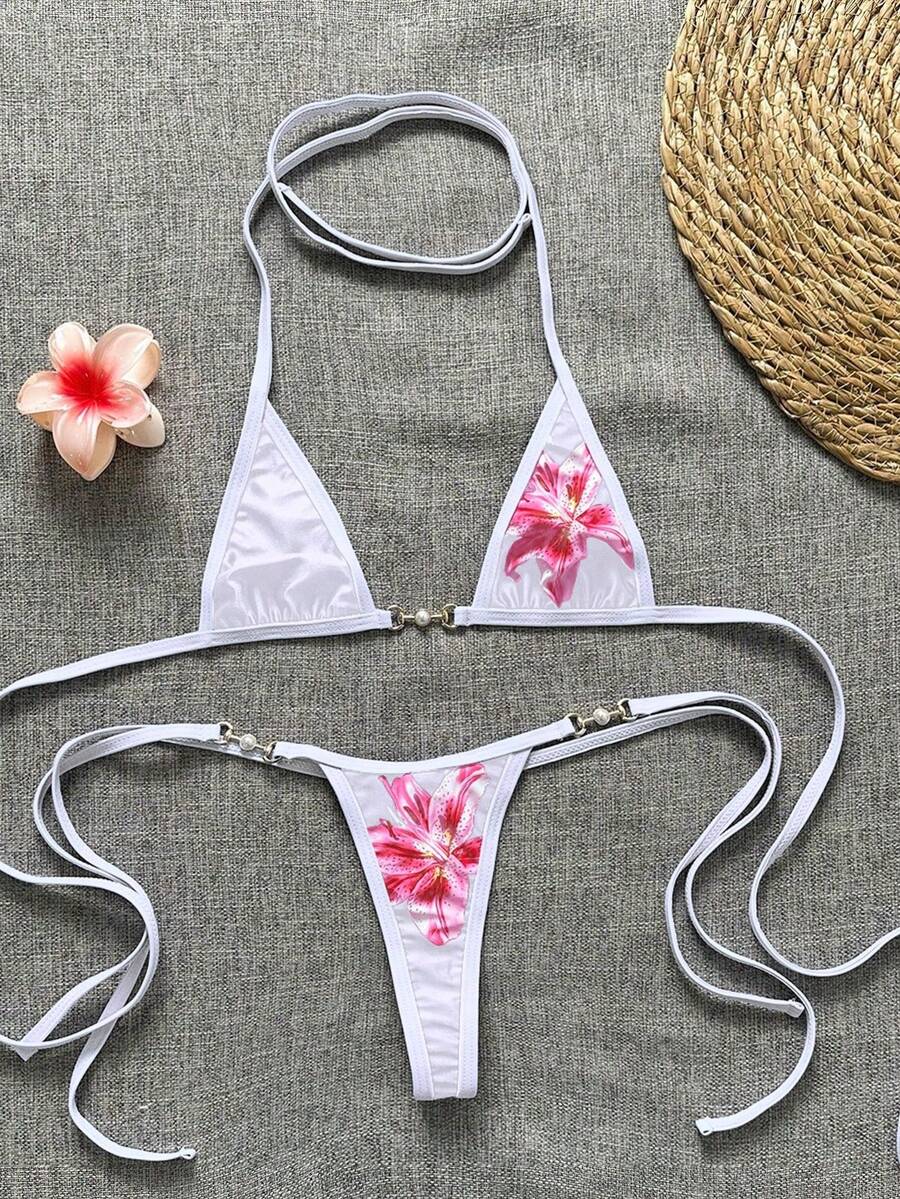 Swim Vcay Swim SXY 2pcs Women's New Floral Print Spaghetti Strap Backless Micro Triangle Top And Thong Sexy Bikini Set Set