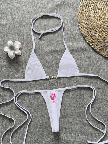 Swim Vcay Swim SXY 2pcs Women's New Floral Print Spaghetti Strap Backless Micro Triangle Top And Thong Sexy Bikini Set Set
