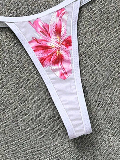 Swim Vcay Swim SXY 2pcs Women's New Floral Print Spaghetti Strap Backless Micro Triangle Top And Thong Sexy Bikini Set Set