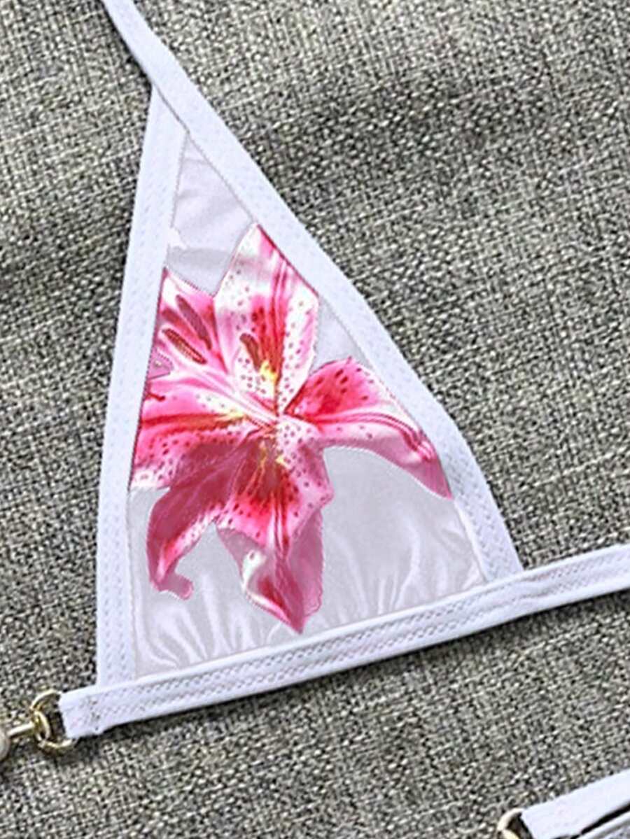 Swim Vcay Swim SXY 2pcs Women's New Floral Print Spaghetti Strap Backless Micro Triangle Top And Thong Sexy Bikini Set Set