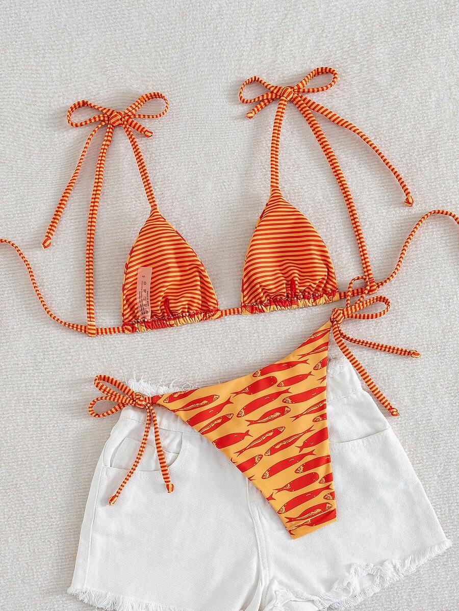 Womens Fashionable Sweet Shoulder Tie Side Bow Bikini Swimwear Removable Padded Two Piece Swimsuit Set