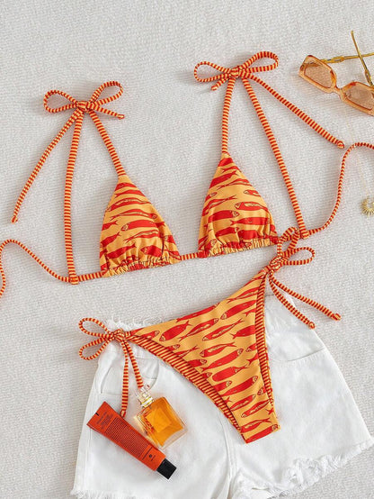 Womens Fashionable Sweet Shoulder Tie Side Bow Bikini Swimwear Removable Padded Two Piece Swimsuit Set