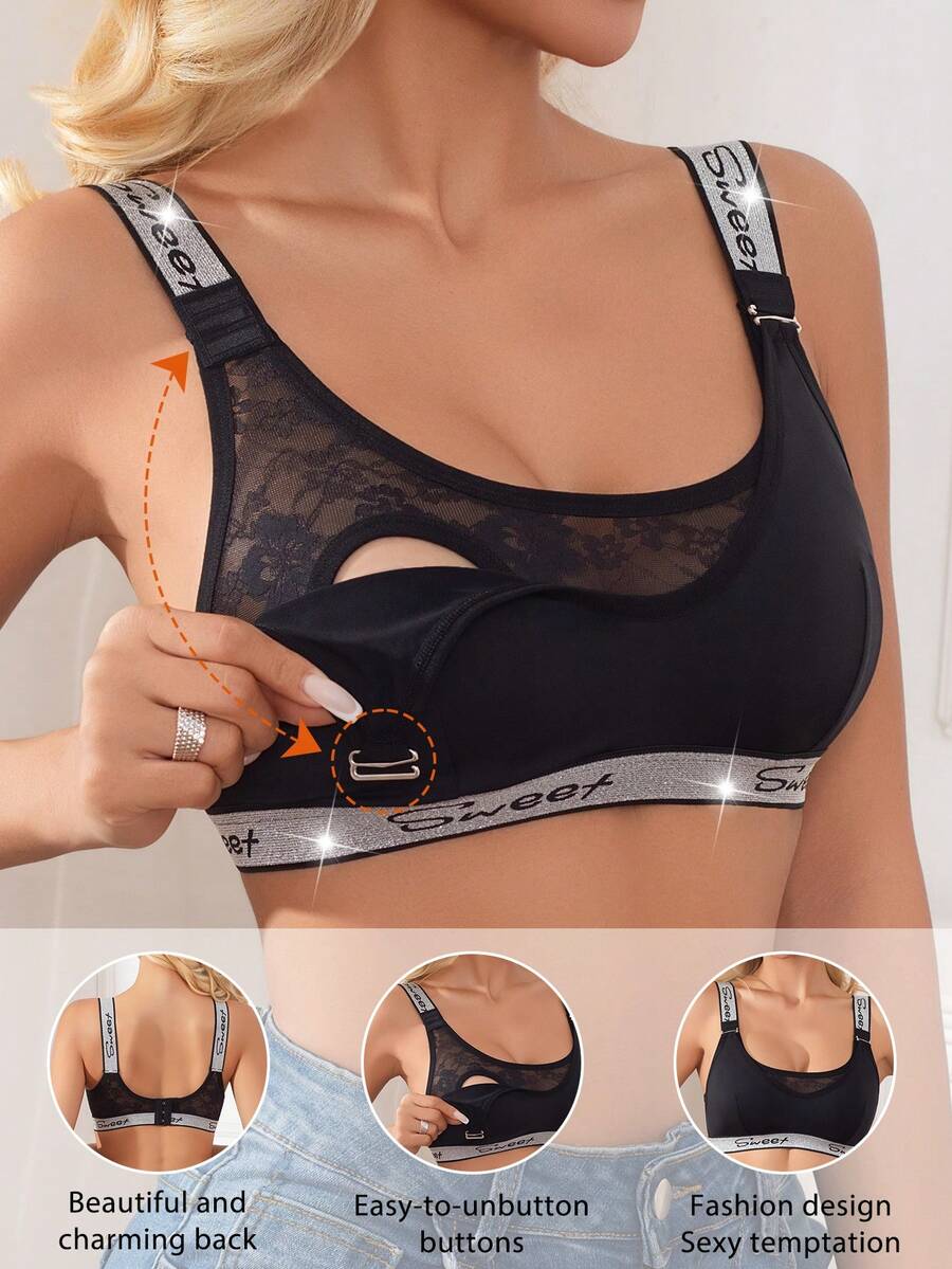 Lace Floral Nursing Bralette and Mid Rise Panty Set - Wireless Black Knitted Maternity Lingerie with Graphic Detail