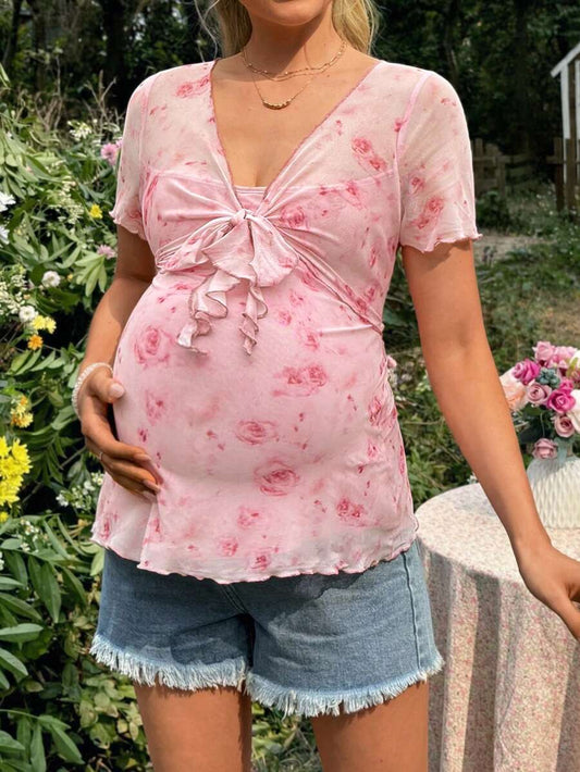 Pink Floral Maternity Knotted Short Sleeve T-Shirt with Deep V Neck and Slim Fit - Comfortable Casual Home Wear for Women