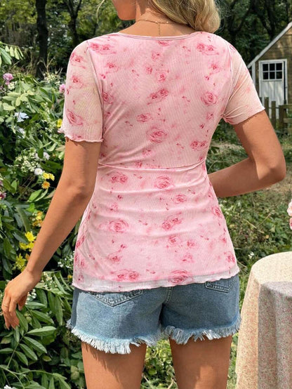 Pink Floral Maternity Knotted Short Sleeve T-Shirt with Deep V Neck and Slim Fit - Comfortable Casual Home Wear for Women