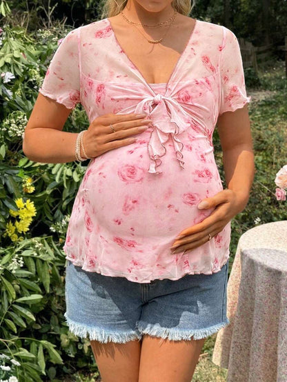Pink Floral Maternity Knotted Short Sleeve T-Shirt with Deep V Neck and Slim Fit - Comfortable Casual Home Wear for Women