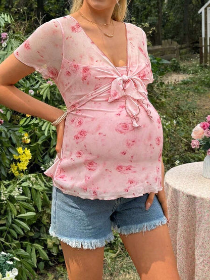 Pink Floral Maternity Knotted Short Sleeve T-Shirt with Deep V Neck and Slim Fit - Comfortable Casual Home Wear for Women
