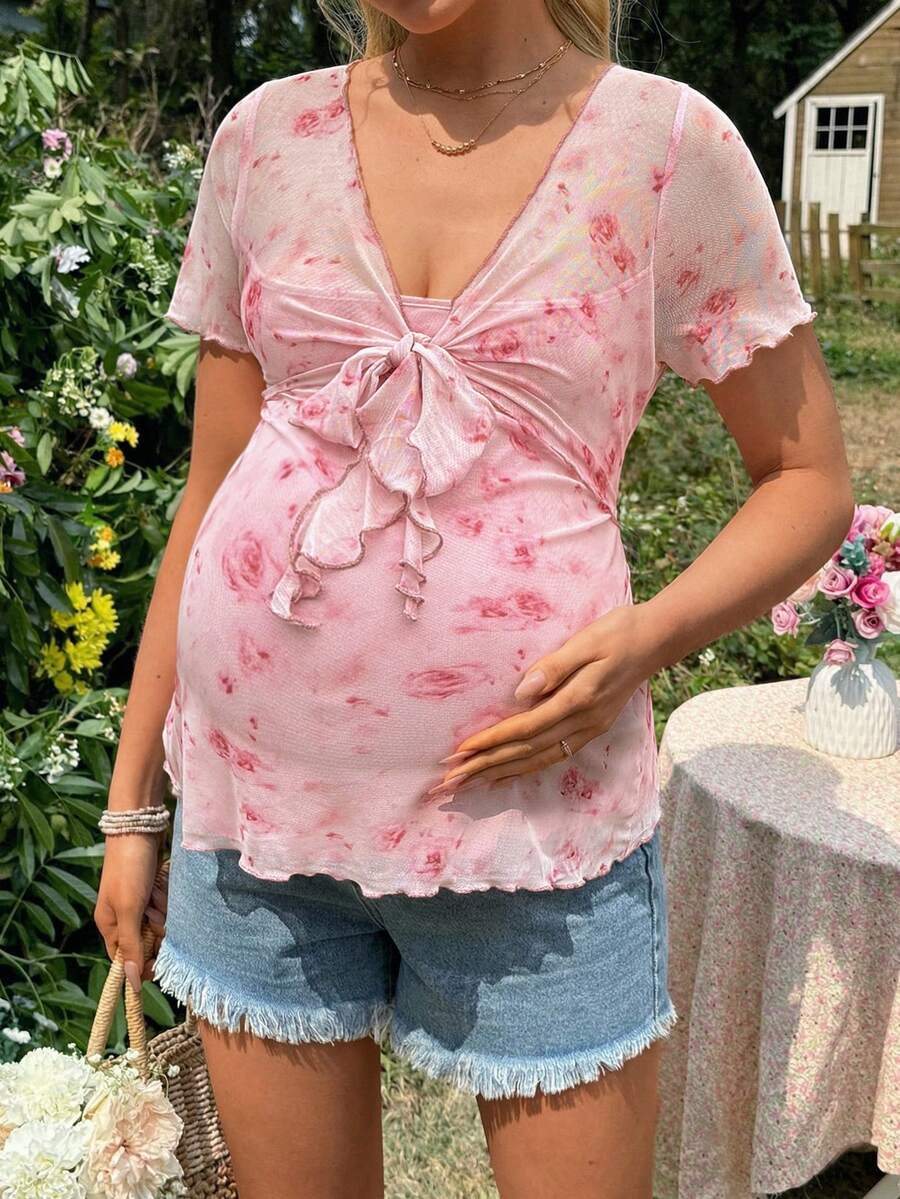 Pink Floral Maternity Knotted Short Sleeve T-Shirt with Deep V Neck and Slim Fit - Comfortable Casual Home Wear for Women