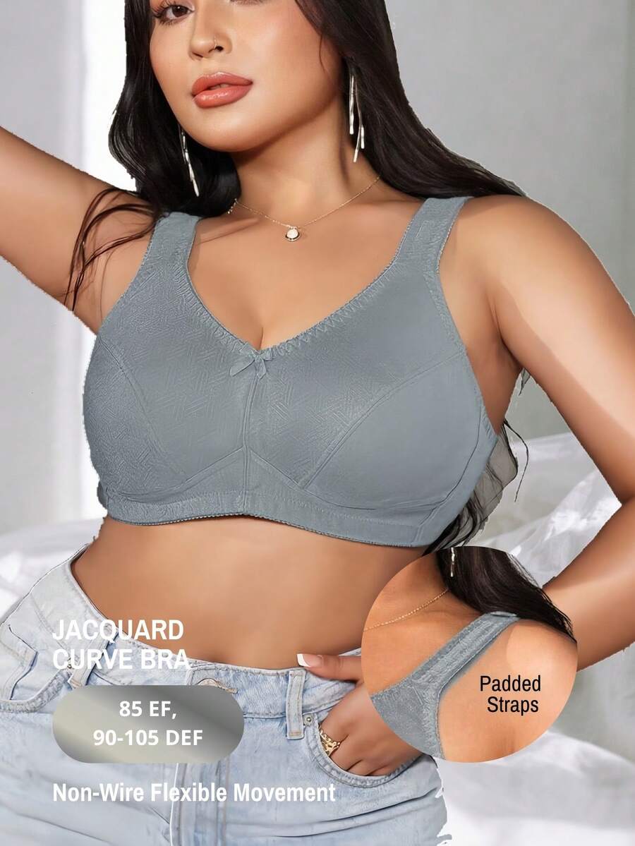 Plus Size Women's Jacquard Wireless Bra - Soft Sponge Adjustable Strap Bralette