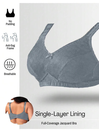 Plus Size Women's Jacquard Wireless Bra - Soft Sponge Adjustable Strap Bralette