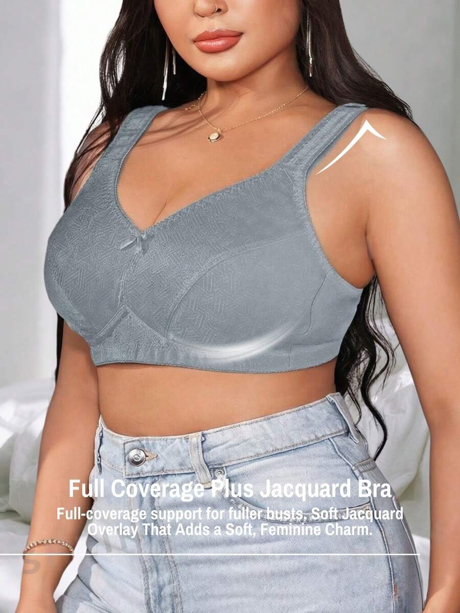 Plus Size Women's Jacquard Wireless Bra - Soft Sponge Adjustable Strap Bralette