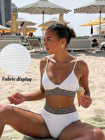 Swim Vcay Summer Beach Women Vacation Splice Woven Strap Simple And Fashionable Bikini Set With Separable Bikini Set