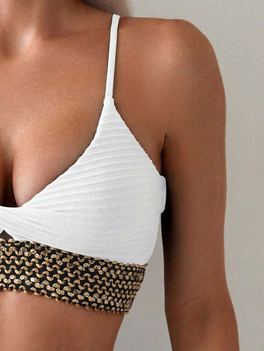 Swim Vcay Summer Beach Women Vacation Splice Woven Strap Simple And Fashionable Bikini Set With Separable Bikini Set