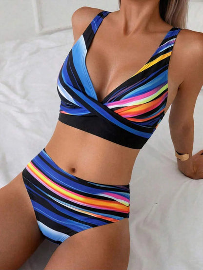 Women's 2-Piece Striped Bikini Set - Cross Wrap Bust, High Waist, Deep V Neck, Blue