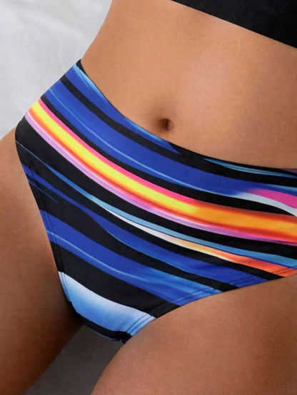 Women's 2-Piece Striped Bikini Set - Cross Wrap Bust, High Waist, Deep V Neck, Blue