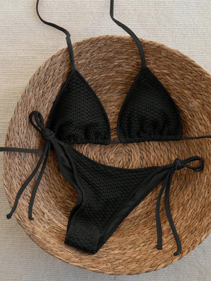 Swim Vcay 2026 Spring/Summer Green Special Fabric Women's Swimwear, Spaghetti Strap Halter Solid Color Sexy Side Tie Thong Bikini Two-Piece Swimwear Teal Bikini Tie Bikini Set Textured Bikini Triangle Bikini Triangle Bikini Set