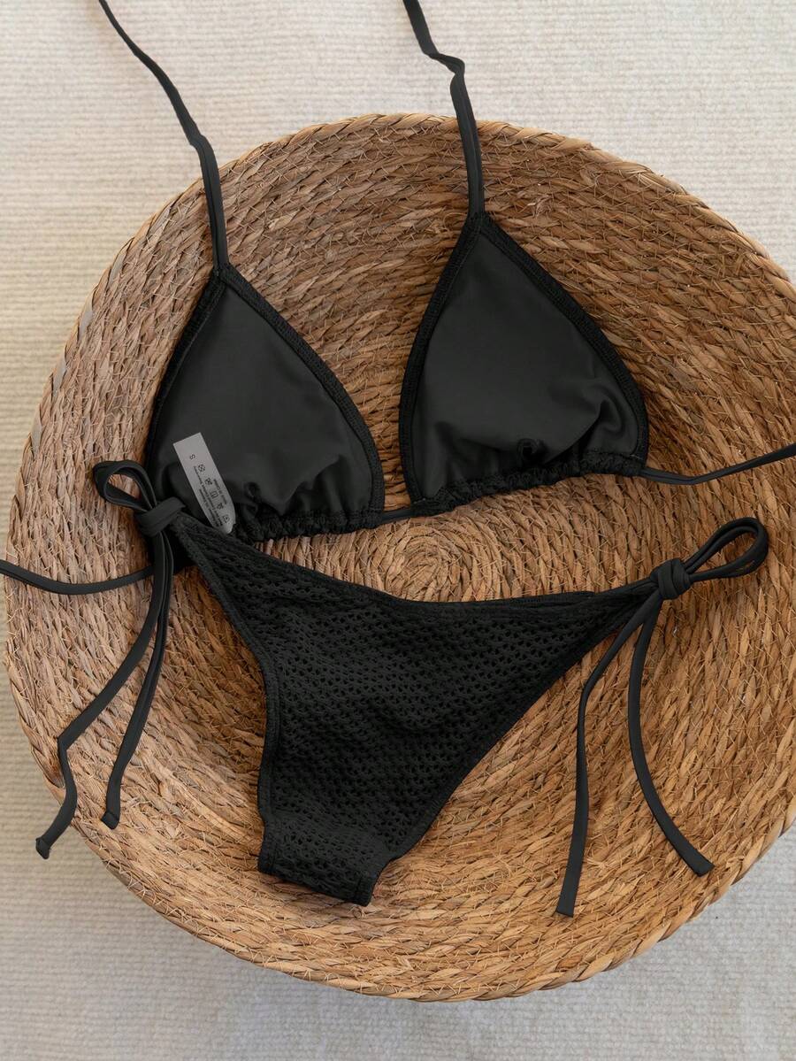 Swim Vcay 2026 Spring/Summer Green Special Fabric Women's Swimwear, Spaghetti Strap Halter Solid Color Sexy Side Tie Thong Bikini Two-Piece Swimwear Teal Bikini Tie Bikini Set Textured Bikini Triangle Bikini Triangle Bikini Set