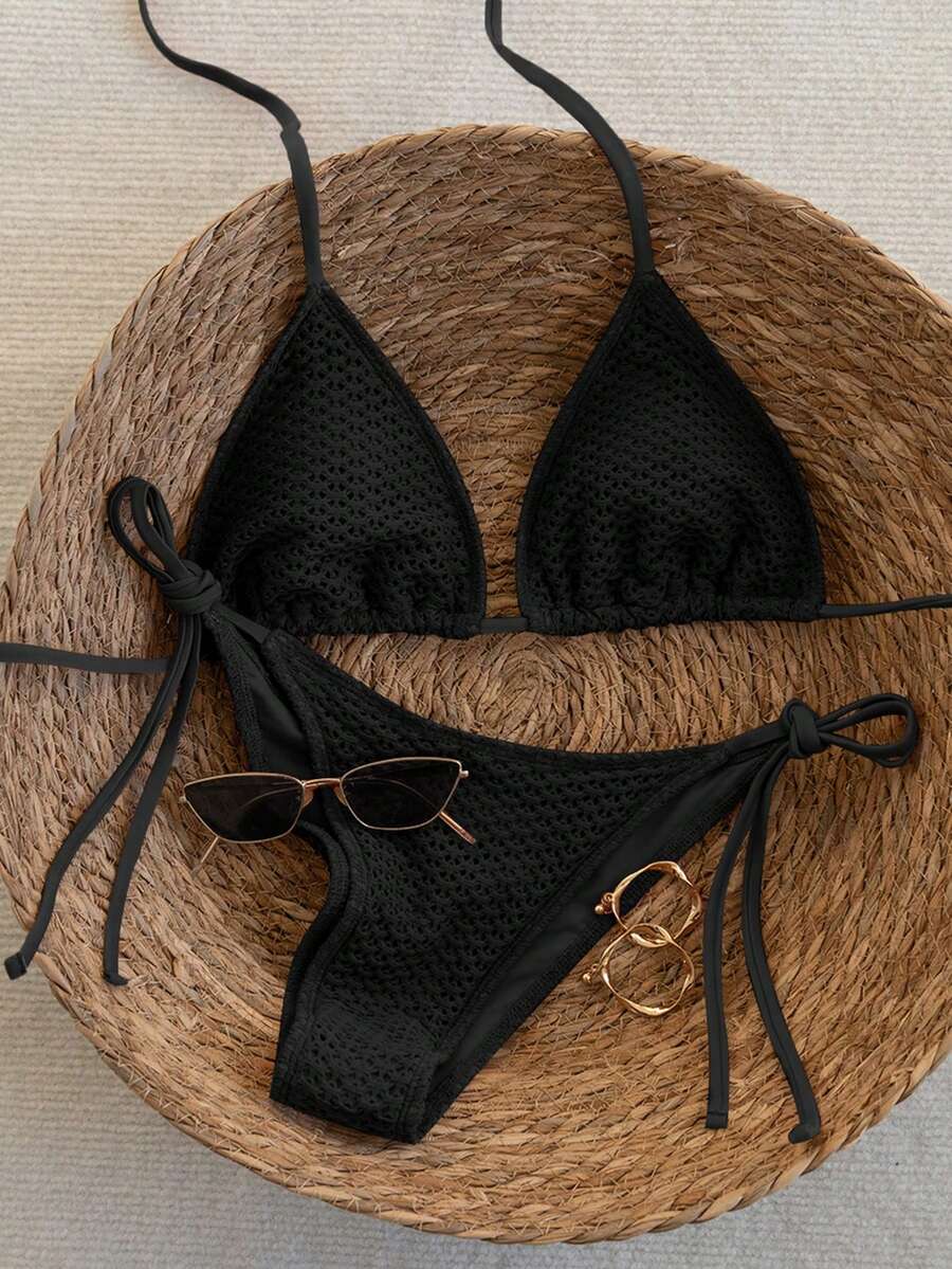 Swim Vcay 2026 Spring/Summer Green Special Fabric Women's Swimwear, Spaghetti Strap Halter Solid Color Sexy Side Tie Thong Bikini Two-Piece Swimwear Teal Bikini Tie Bikini Set Textured Bikini Triangle Bikini Triangle Bikini Set