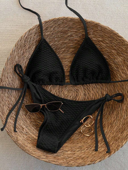 Swim Vcay 2026 Spring/Summer Green Special Fabric Women's Swimwear, Spaghetti Strap Halter Solid Color Sexy Side Tie Thong Bikini Two-Piece Swimwear Teal Bikini Tie Bikini Set Textured Bikini Triangle Bikini Triangle Bikini Set
