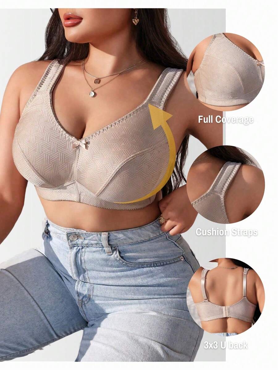 Plus Size Women's Jacquard Wireless Bra - Soft Sponge Adjustable Strap Bralette