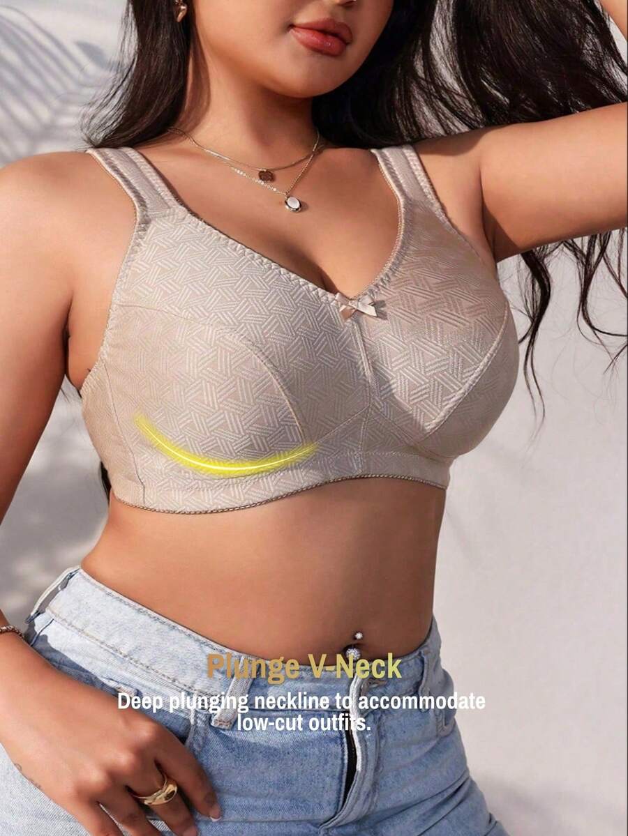 Plus Size Women's Jacquard Wireless Bra - Soft Sponge Adjustable Strap Bralette