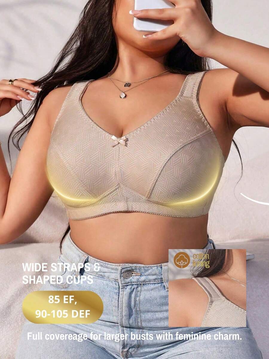 Plus Size Women's Jacquard Wireless Bra - Soft Sponge Adjustable Strap Bralette