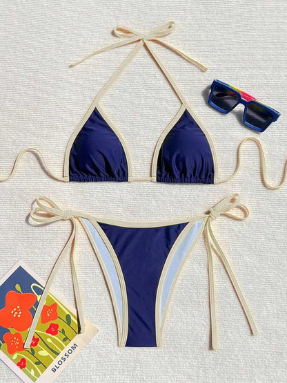 Swim Vcay Women's Summer Beach Contrast Color Halter Tie Sexy Bikini And Triangle Panty Swimwear Set Blue Bikini Yacht Party Outfit Vacation Bikini Boat Party Outfit Women Tie Side Bikini Triangle Bikini Set Light Blue Bikini