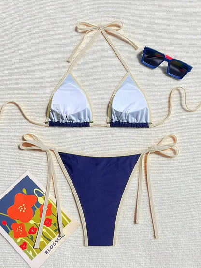 Swim Vcay Women's Summer Beach Contrast Color Halter Tie Sexy Bikini And Triangle Panty Swimwear Set Blue Bikini Yacht Party Outfit Vacation Bikini Boat Party Outfit Women Tie Side Bikini Triangle Bikini Set Light Blue Bikini