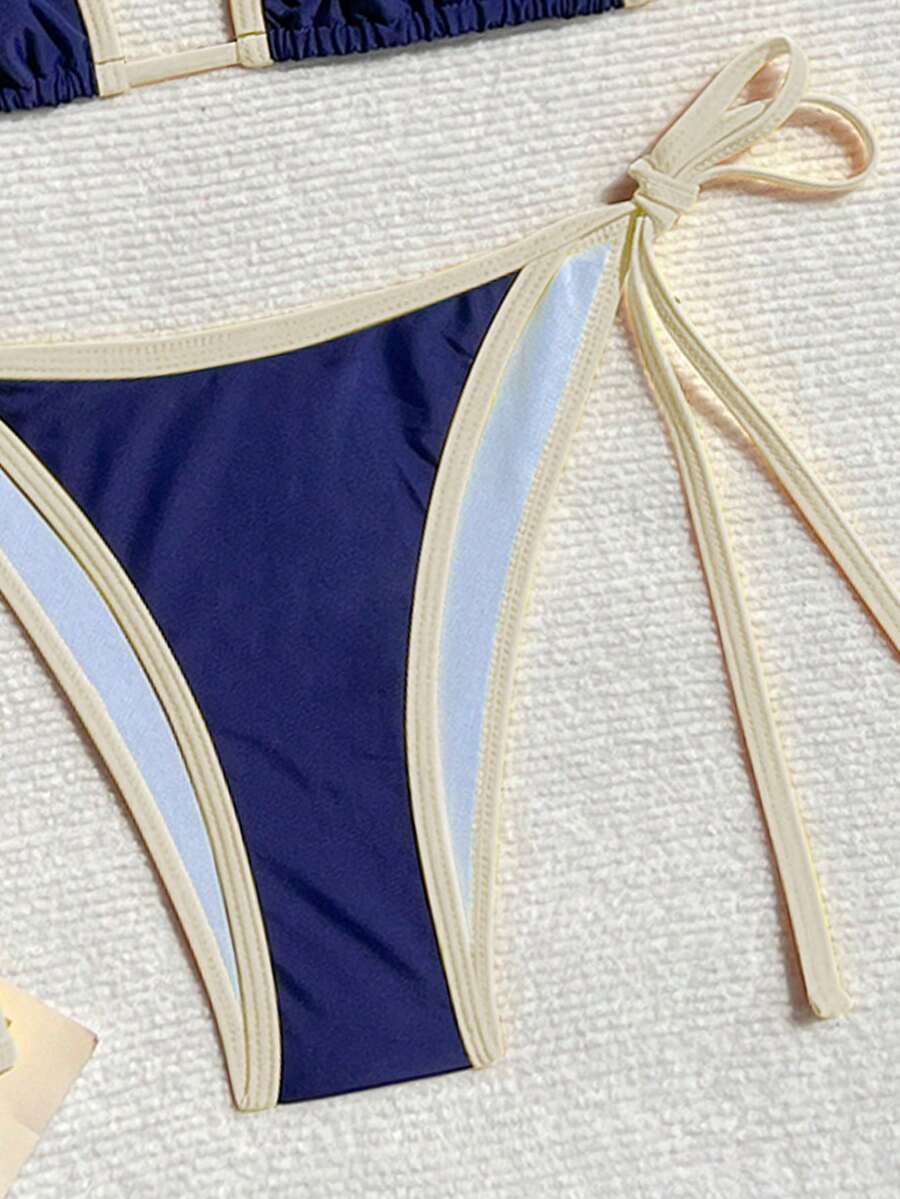 Swim Vcay Women's Summer Beach Contrast Color Halter Tie Sexy Bikini And Triangle Panty Swimwear Set Blue Bikini Yacht Party Outfit Vacation Bikini Boat Party Outfit Women Tie Side Bikini Triangle Bikini Set Light Blue Bikini