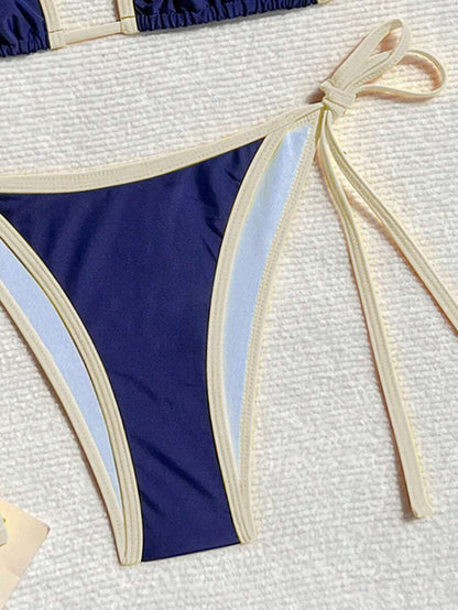 Swim Vcay Women's Summer Beach Contrast Color Halter Tie Sexy Bikini And Triangle Panty Swimwear Set Blue Bikini Yacht Party Outfit Vacation Bikini Boat Party Outfit Women Tie Side Bikini Triangle Bikini Set Light Blue Bikini
