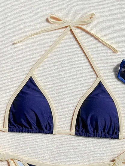 Swim Vcay Women's Summer Beach Contrast Color Halter Tie Sexy Bikini And Triangle Panty Swimwear Set Blue Bikini Yacht Party Outfit Vacation Bikini Boat Party Outfit Women Tie Side Bikini Triangle Bikini Set Light Blue Bikini