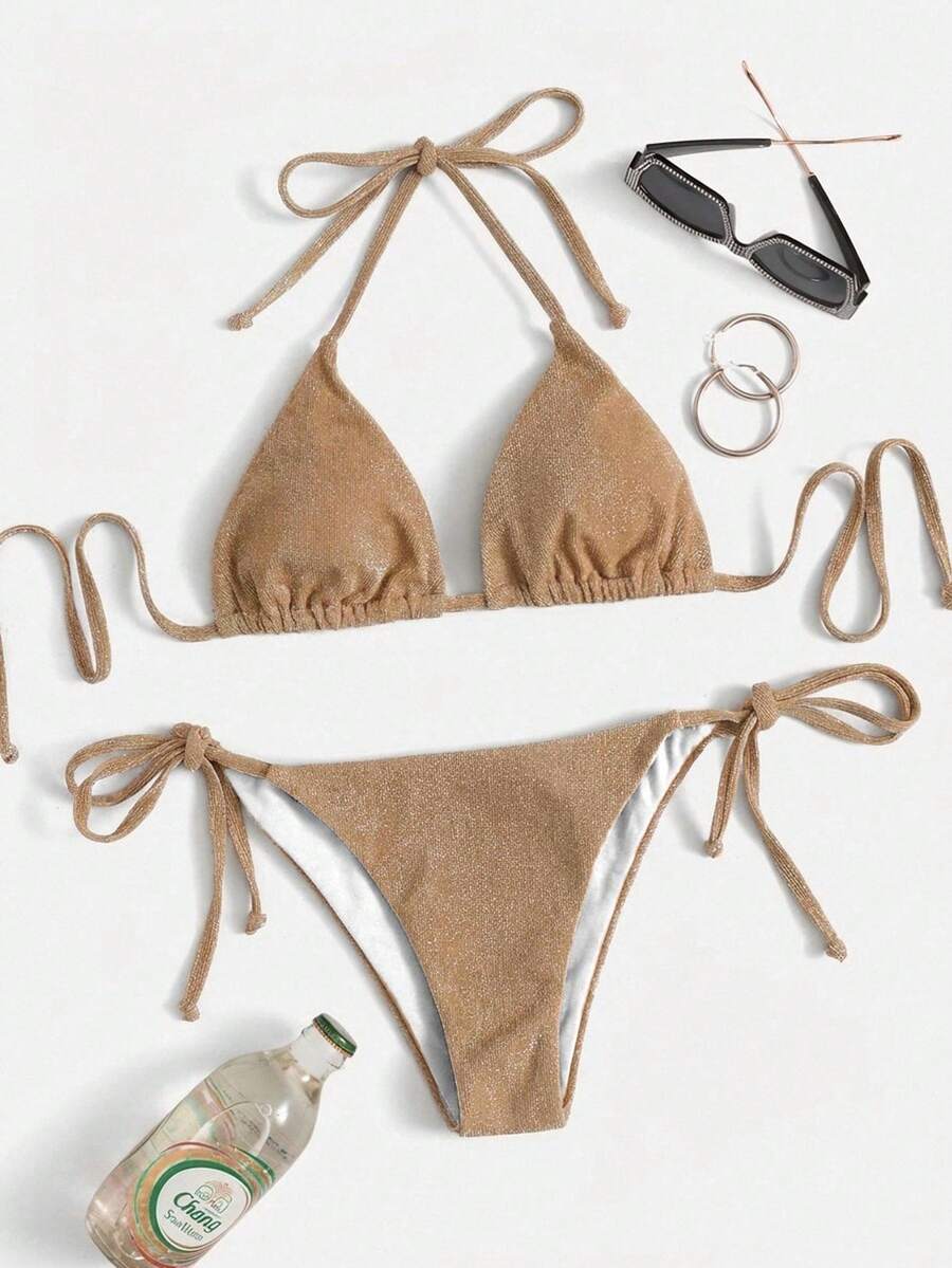 Swim Vcay Summer Beach Sparkly Glitter Halter Triangle Bikini