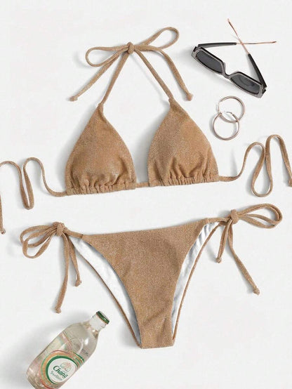 Swim Vcay Summer Beach Sparkly Glitter Halter Triangle Bikini