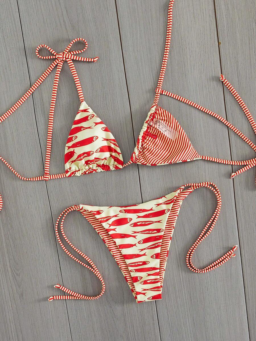 Womens Fashionable Sweet Shoulder Tie Side Bow Bikini Swimwear Removable Padded Two Piece Swimsuit Set