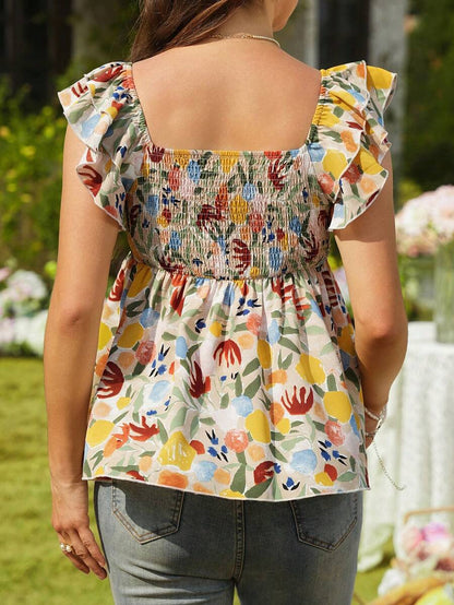 Maternity Square Neck Tropical Plant Print Ruffle Sleeve Blouse - Boho Slim Fit Summer Top with Shirred Detail and Flared Hem