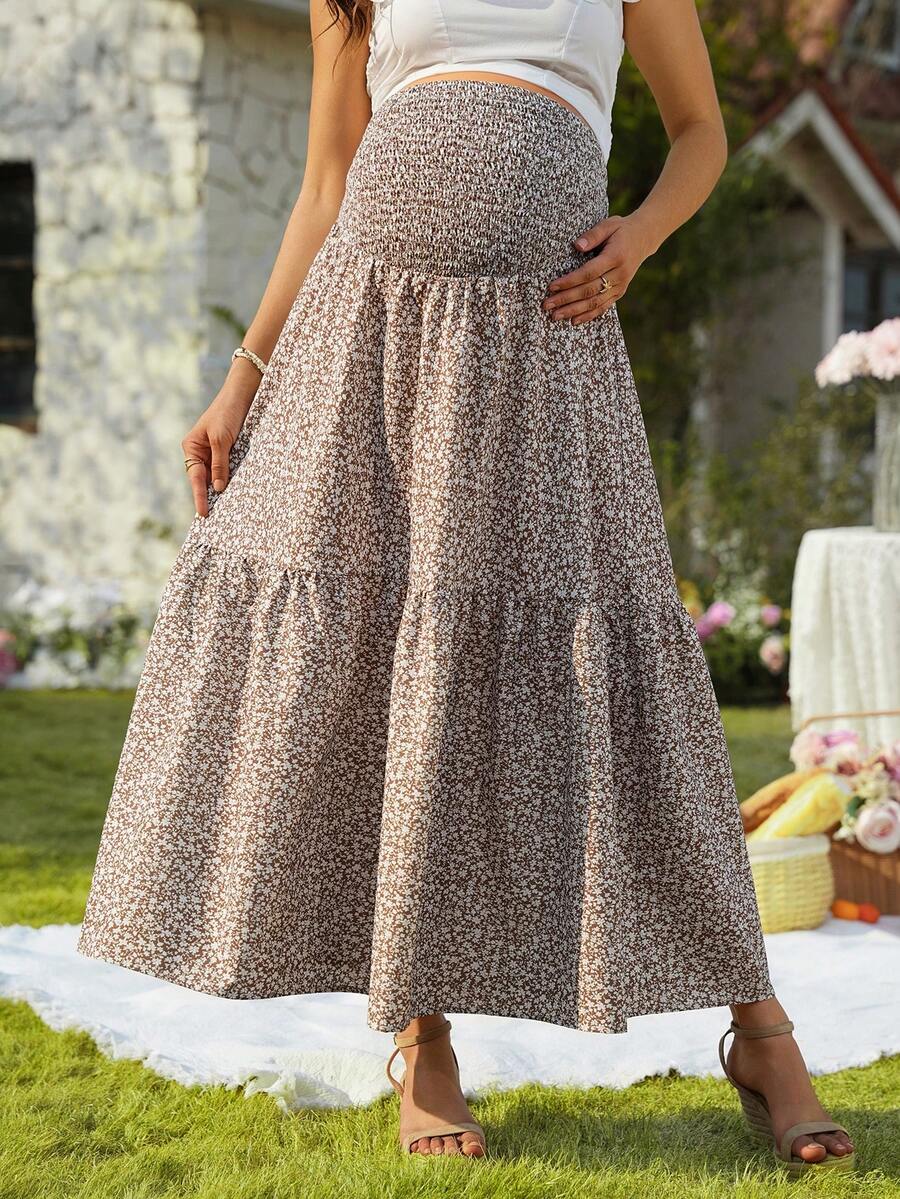 Blue Ditsy Floral Maternity Maxi Skirt with Adjustable Shirred Waist and Ruffle Hem Boho A-Line Loose Fit Summer Pregnancy Long Skirt