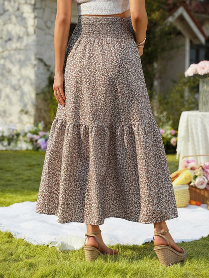 Blue Ditsy Floral Maternity Maxi Skirt with Adjustable Shirred Waist and Ruffle Hem Boho A-Line Loose Fit Summer Pregnancy Long Skirt