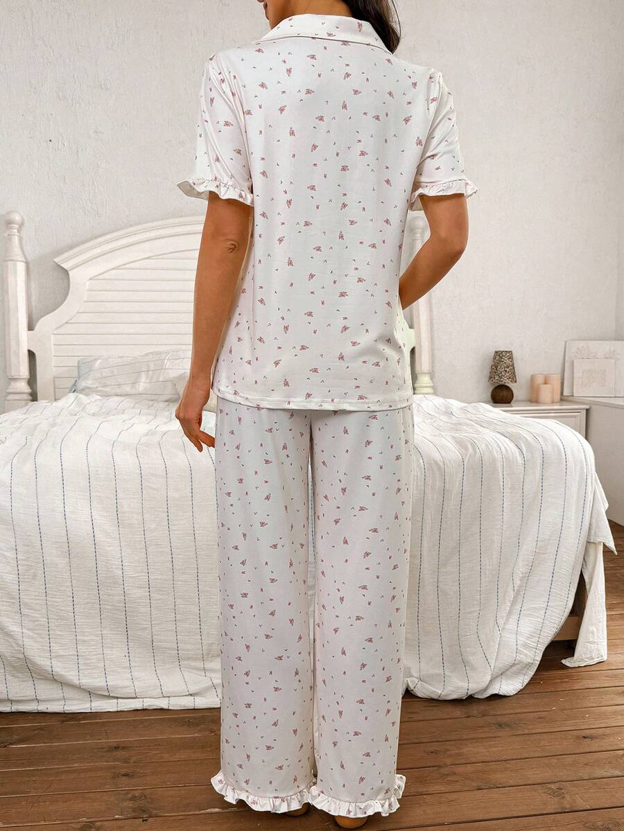Maternity Pajama Set - Romantic Ditsy Floral Lapel Snap Button Ruffle Top and Pants, Nursing