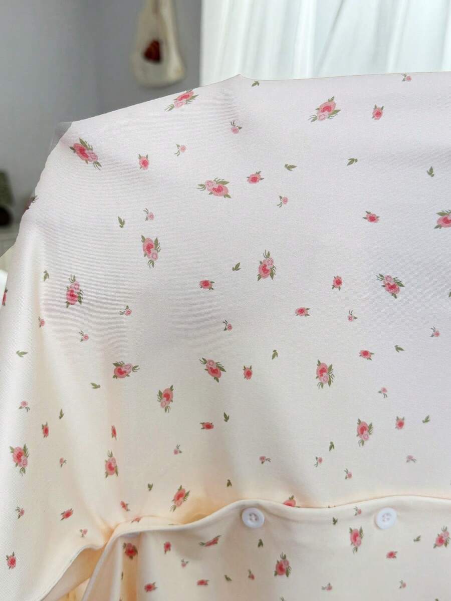 Maternity Pajama Set - Romantic Ditsy Floral Lapel Snap Button Ruffle Top and Pants, Nursing
