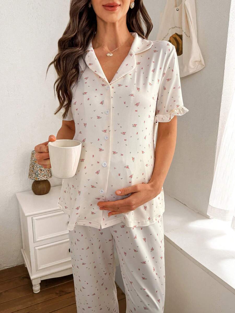 Maternity Pajama Set - Romantic Ditsy Floral Lapel Snap Button Ruffle Top and Pants, Nursing