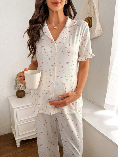 Maternity Pajama Set - Romantic Ditsy Floral Lapel Snap Button Ruffle Top and Pants, Nursing