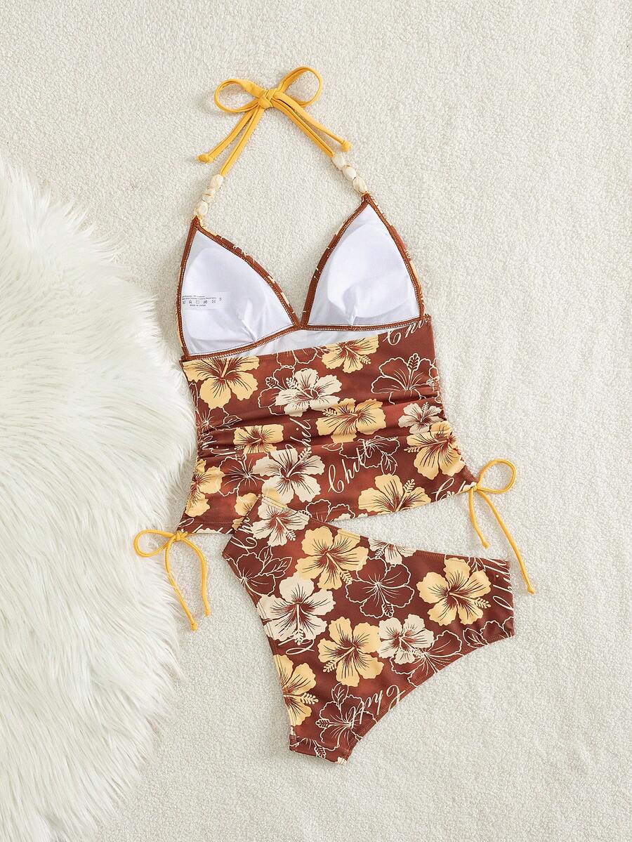 Swim Vcay Ladies Beach Music Festival Spring/Summer Flower Pattern Beaded Drawstring Ruched Neck Hanging Elegant Ladies Tankini Swimwear Two Pieces Set