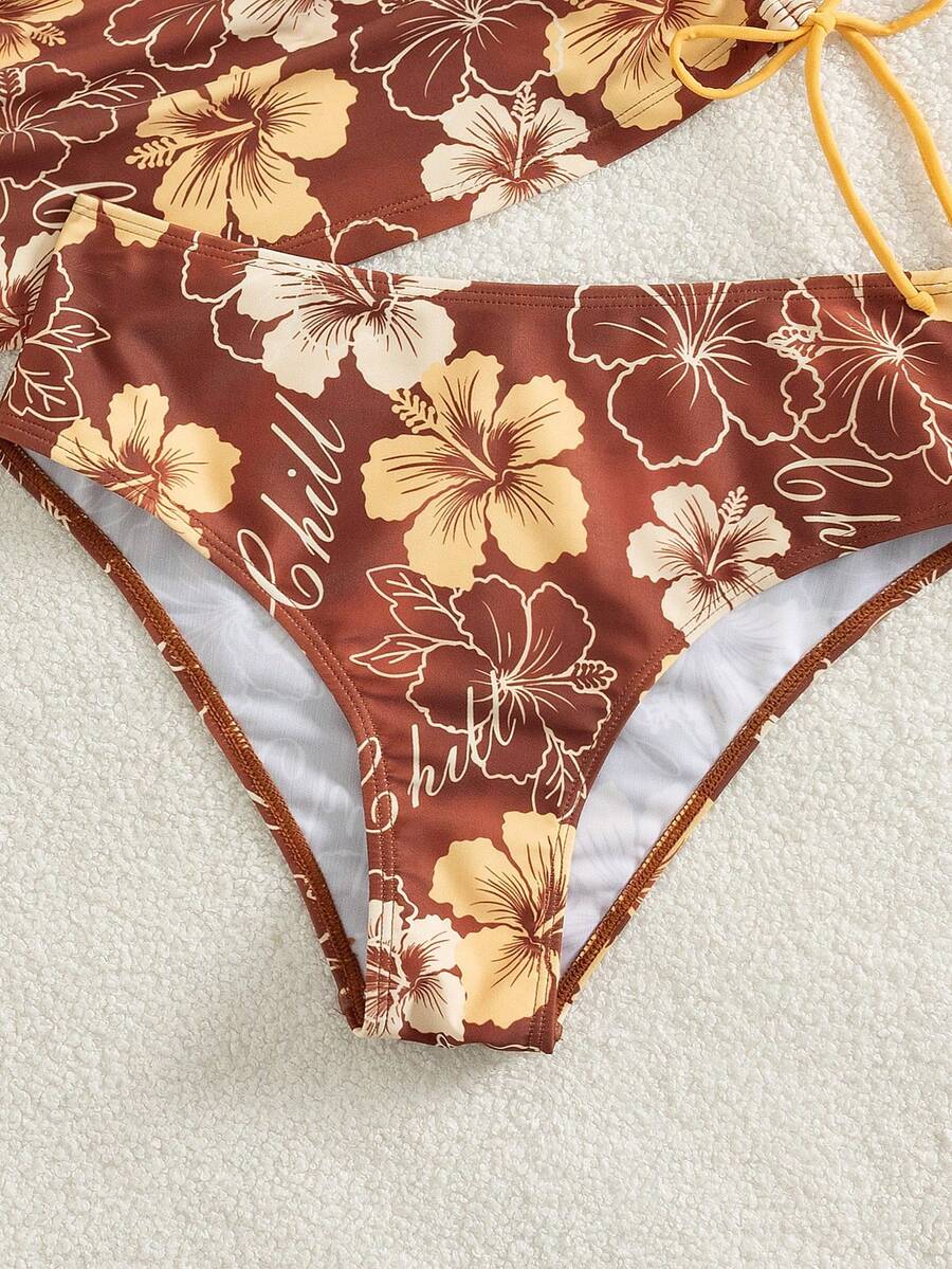 Swim Vcay Ladies Beach Music Festival Spring/Summer Flower Pattern Beaded Drawstring Ruched Neck Hanging Elegant Ladies Tankini Swimwear Two Pieces Set