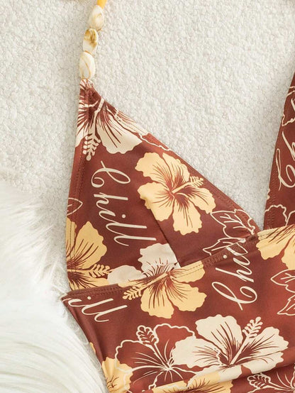 Swim Vcay Ladies Beach Music Festival Spring/Summer Flower Pattern Beaded Drawstring Ruched Neck Hanging Elegant Ladies Tankini Swimwear Two Pieces Set