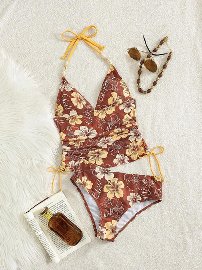 Swim Vcay Ladies Beach Music Festival Spring/Summer Flower Pattern Beaded Drawstring Ruched Neck Hanging Elegant Ladies Tankini Swimwear Two Pieces Set
