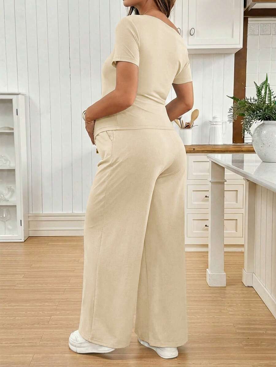 Navy Blue Maternity 2 Piece Set Asymmetric Short Sleeve Tee and Slim Fit Long Pants Elegant Summer Night Out Lounge Outfit